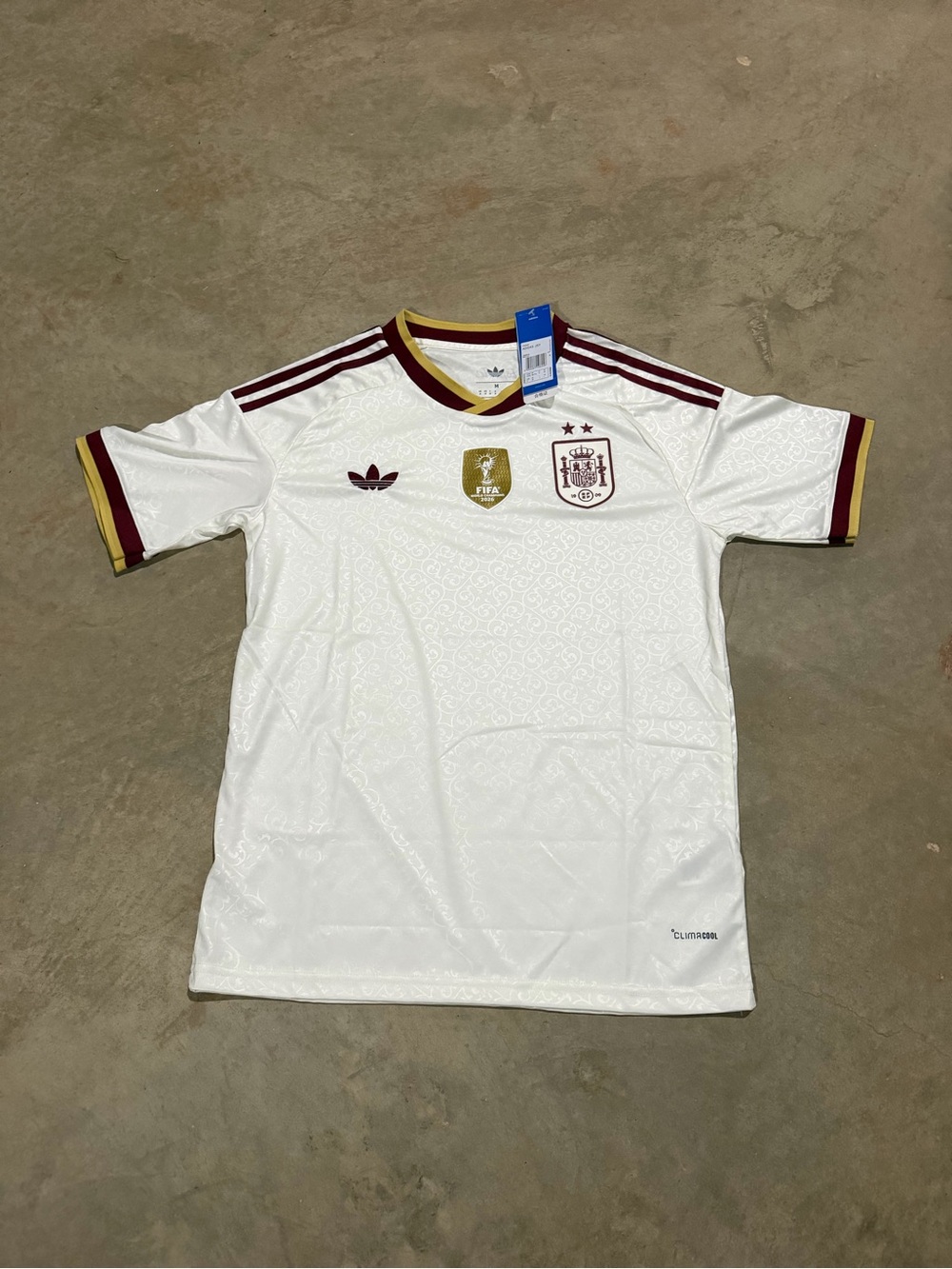 adidas White Spain Football Jersey with Maroon & Gold Accents